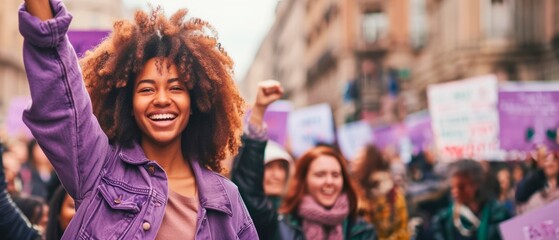 group of diverse woman at  international women's day march. feminist movement, March 8 for feminism, independence, freedom, empowerment, and activism for women
 - obrazy, fototapety, plakaty