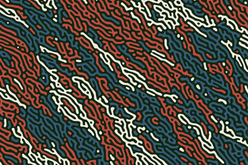 A playful, seamless pattern featuring an intricate maze of organic, scribble-like lines in a retro-inspired color palette, suitable for trendy and bold graphic designs