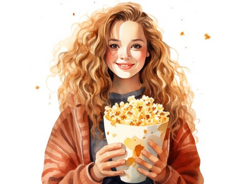 Woman Holding a Bowl of Popcorn Painting. Watercolor illustration. Concept of cinema and watching movies.