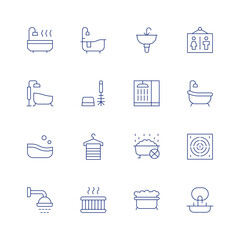 Bathroom line icon set on transparent background with editable stroke. Containing bathtub, bath, shower, toiletbrush, hanger, jacuzzi, sink, bathroom, drain, washbasin.