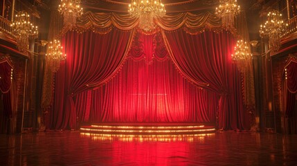 Hollywood-style event backdrop, red curtains, glamorous stage, and gold accents, suitable for entertainment-focused streams Generative AI