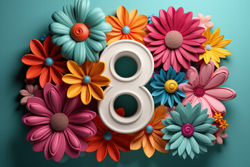 Composition with the number 8 and flowers made of paper, plasticine. March 8 concept. Generated by artificial intelligence