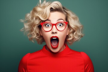 A woman with blonde curly hair, wide-eyed expression, and open mouth, wears red-framed glasses and a red top against a teal background, conveying shock or surprise
