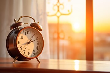 The serene scene of a polar day sunrise, with the sun casting a soft glow on a vintage alarm clock, indicating the timeless nature of the Arctic summer