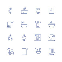 Bathroom line icon set on transparent background with editable stroke. Containing toilet, towel, urinal, cleanser, sink, shower, portabletoilet, bath, bathtub, washbasin.