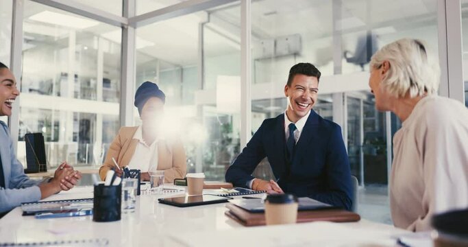 Business people, colleagues and boardroom or laughing with collaboration or diversity, corporate or documents. Financial, consultant and teamwork in office for funny joke, professional or discussion