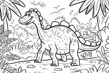Dryosaurus Dinosaur Black White Linear Doodles Line Art Coloring Page, Kids Coloring Book