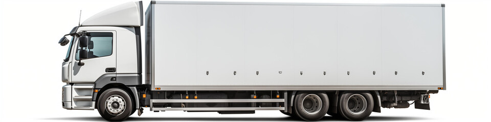 White Truck on White Background. Cargo Transportation and Logistic Concept. Copy space.