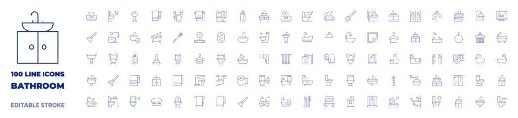 100 icons Bathroom collection. Thin line icon. Editable stroke. Bathroom icons for web and mobile app.