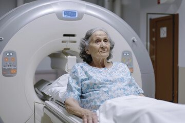 A CT scan technologist talks to a CT scan patient during preparation for the procedure. An elderly woman lies in front of a CT scanner and waits for a scan. Medical Equipment and Health Care