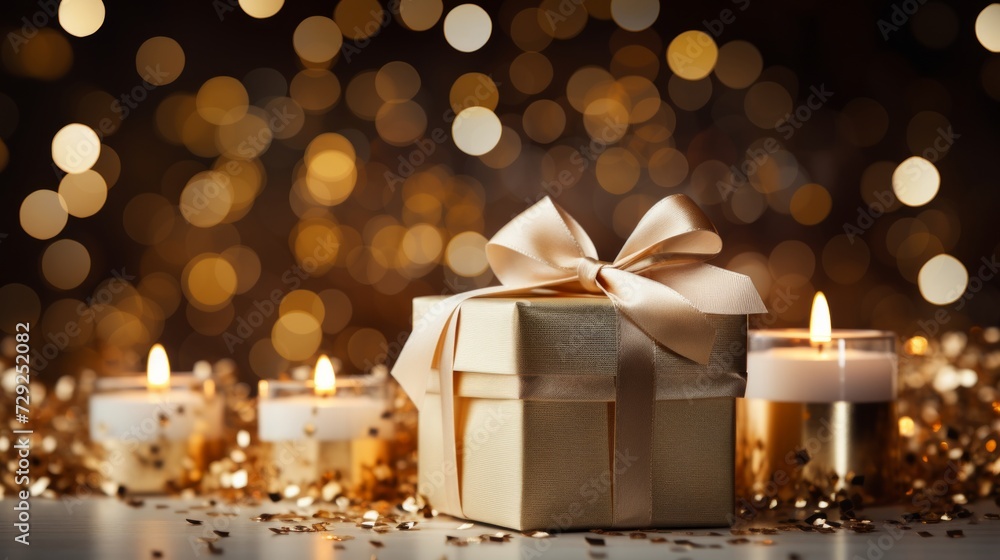 Poster hyper-realistic visualization featuring beautifully wrapped white and gold christmas gifts neatly pl