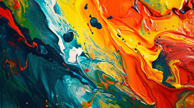 An explosion of color with vivid acrylic paint swirls in an abstract composition, perfect for creative backgrounds or artwork.