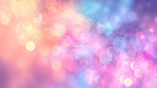 A dreamy abstract background of colorful bokeh lights with a soft gradient of pink and blue hues.