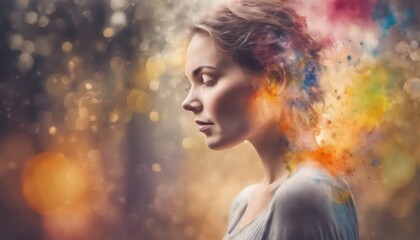 Dreamy portrait with colorful powder explosion