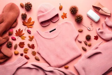 Flat lay of woman`s autumn cozy clothes. Pink background