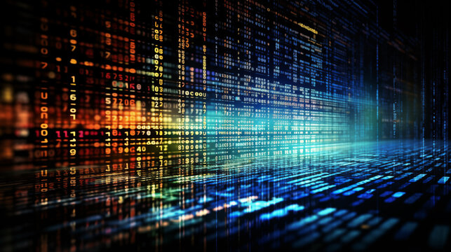 Binary code with digital effects wallpaper or banner. SQL (Structured Query Language) code on computer monitor and server room background. Example of SQL code to query data from a database.