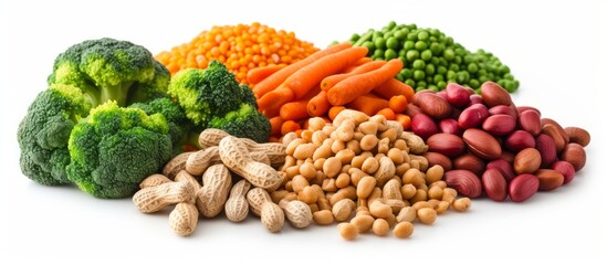 High protein vegetarian food, using peanuts instead of meat, on a white background.