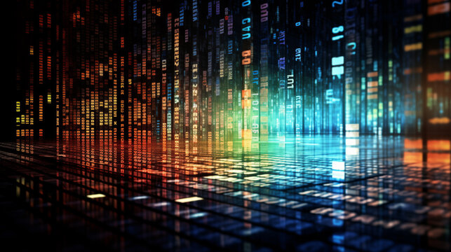 Binary code with digital effects wallpaper or banner. SQL (Structured Query Language) code on computer monitor and server room background. Example of SQL code to query data from a database.