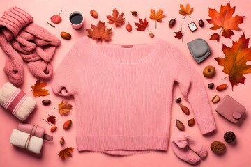 Flat lay of woman`s autumn cozy clothes. Pink background