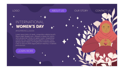 IWD Inspire Inclusion campaign, International Women's Day 2024 Landing page template features a diversity of women making heart gesture with their hands. Vector hand drawn illustration in flat style