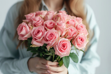 Obraz na płótnie Canvas A beautiful bouquet of pastel pink roses in female hands. Work as a florist in a flower shop. Delivery of fresh cut flowers. European flower shop. Beautiful girl holding a bouquet of pink roses
