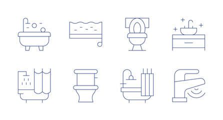 Bathroom icons. Editable stroke. Containing bathtub, shower, sponge, toilet, bath, bathroom, faucet.