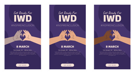 IWD Inspire Inclusion campaign, International Women's Day 2024 Vertical social media stories template collection features variety of hands showing the heart gesture