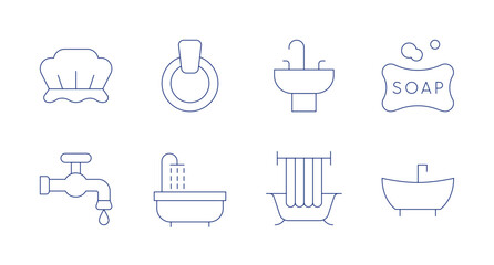 Bathroom icons. Editable stroke. Containing sink, bath, showercap, watertap, soap, bathtub, towelrack.