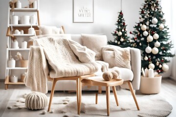 A stack of knitted sweaters and christmas decoration on chair. Interior of the living room. The concept of winter comfort and cozy. White scandinavian interior. Hello winter card