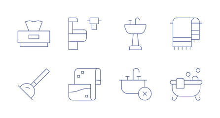 Bathroom icons. Editable stroke. Containing tissue, plunger, toilet, towel, sink, bathtub.