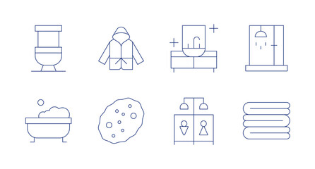 Bathroom icons. Editable stroke. Containing toilet, bubbles, bathrobe, sponge, sink, showers, bathroom, towel.