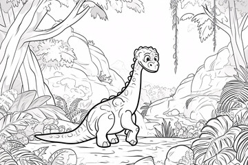 Dryosaurus Dinosaur Black White Linear Doodles Line Art Coloring Page, Kids Coloring Book