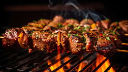 Appetizing, Succulent and delicious grilled meat skewers on the bbq rack.