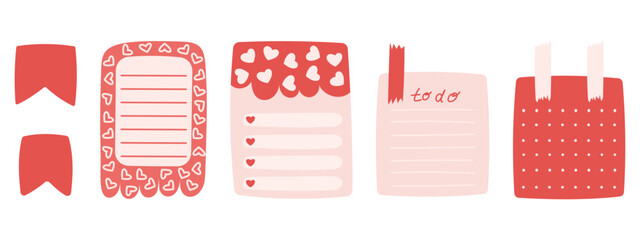 Collection of Valentine day themed memo stickers. Journal planning love sticker sheets. Labels, To Do list, Stationery. - obrazy, fototapety, plakaty