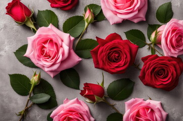 Red and Pink Roses on Gray Background