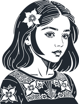 Young brunette woman with a flower on her head in Hawaiian style, engraving style, vector illustration