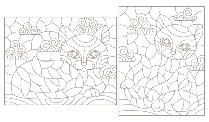 A set of contour illustrations of stained glass Windows with cats on a background of sky, dark contours on a white background