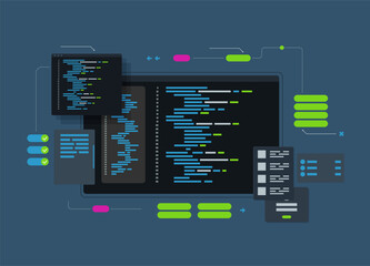 Software development and programming, program code on laptop screen, big data processing, computing isometric