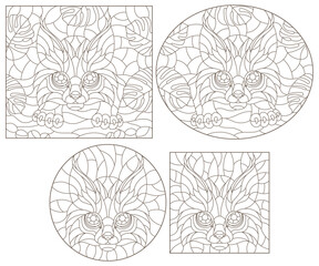 Set of contour illustrations in stained glass style with lynx on a background of leaves, dark contours on a white background