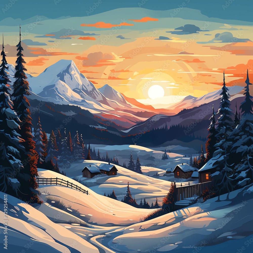 Wall mural winter mountain landscape illustration