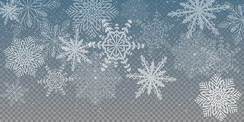 Naklejka na ściany i meble Christmas background with small falling snowflakes. Snow storm effect, blurred, cold wind with snow png. Holiday powder snow for cards, invitations, banners, advertising.