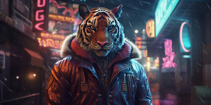 Tiger with cool cyberpunk, A close up of a tiger wearing headphones and a jacket