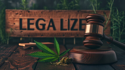 Cannabis leaf and judge gavel, legalize lettering in the background
