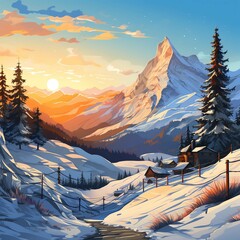 Winter mountain landscape. Vector illustration of sunset in the ski resort with snowy hill