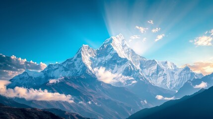 Majestic snow-capped mountain range under a clear blue sky, fluffy white clouds drifting above, sunrays illuminating the peaks, Generative AI - obrazy, fototapety, plakaty