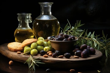 Fresh olives on the table and olive oil in a bottle. Olive harvest