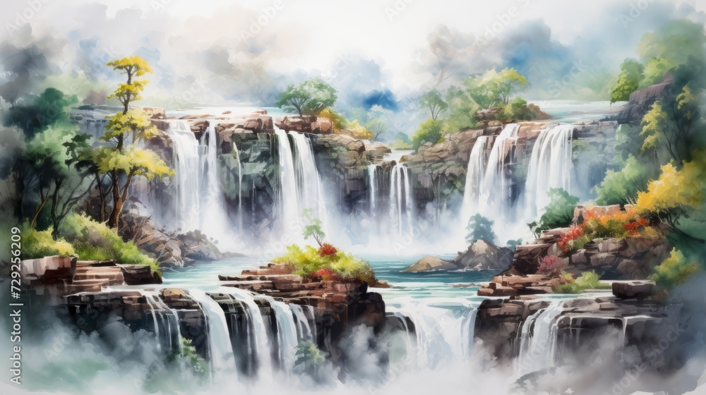 Poster majestic waterfalls cascading down cliffs. aquarelle generative ai