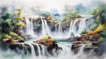 Obraz premium Majestic waterfalls cascading down cliffs. aquarelle Generative AI
