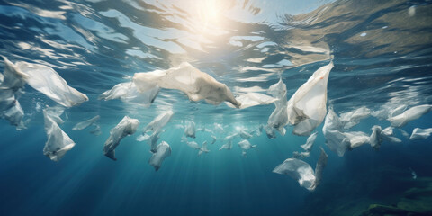 Fototapeta premium Plastic bags polluting the oceans and endangering marine life.