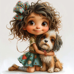 Cute girl with curly hair with a shiny bow, in a menthol T-shirt with strawberries, skirt with pockets, striped tights and shoes with clasps, hugging a big Cute Puppy